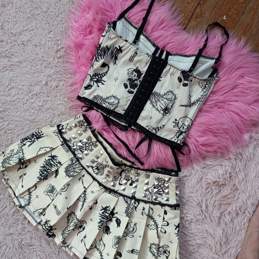 DK kawaii goth creepy cute dbl corset laced top & metal stud skirt set SOLD! - Picture 12 of 15